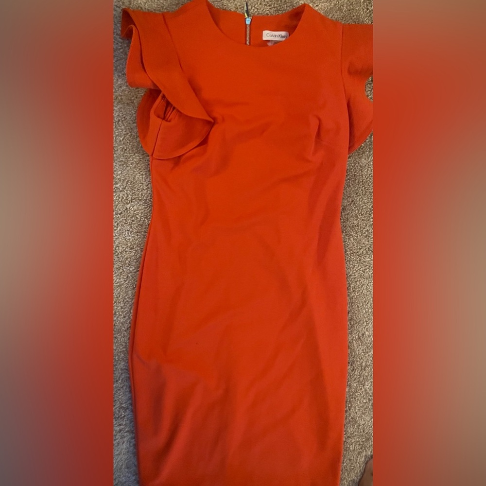 Calvin Klein Collection Orange Midi Dress with Ruffle Sleeves